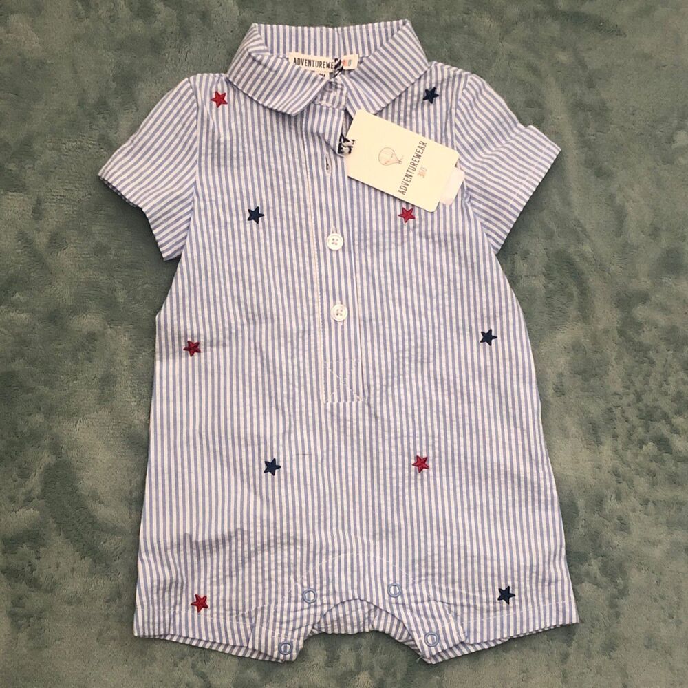 Baby Boy Romper‎ 3 Month Blue Seersucker w Stars Adventurewear 360